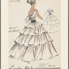 White dress with full, tiered skirt, draped-effect off-the-shoulder chiffon bodice, contrasting black sash
