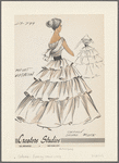 White dress with full, tiered skirt, draped-effect off-the-shoulder chiffon bodice, contrasting black sash