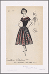 Plain-cotton dress with alternating plaid skirt panels and two bands of matching plaid trim at neck and shoulders forming bow.