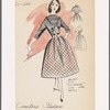 Short-sleeved plaid dress with fitted high-waist button decoration, full skirt and contrast-fabric bodice; matching bolero with "cut-a-way" look and 3/4-length sleeves