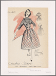 Short-sleeved plaid dress with fitted high-waist button decoration, full skirt and contrast-fabric bodice; matching bolero with "cut-a-way" look and 3/4-length sleeves