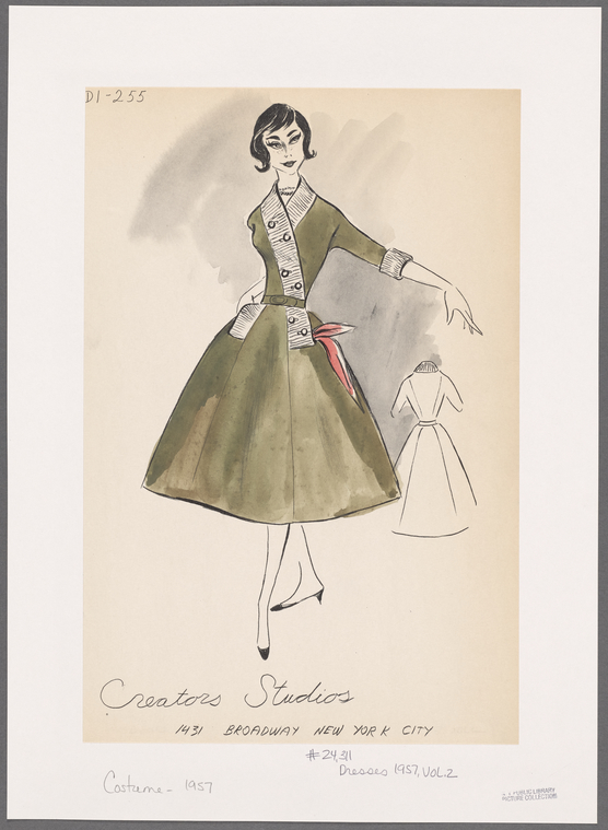 Bouffant dress with contrast-fabric surplice or wrap closing - NYPL ...