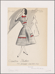 Shirtwaist dress with contrast Peter Pan collar and leather straps on cummerbund and skirt; brass buckles on straps
