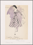 Plaid dress with grosgrain ribbon trim, ribbon belt, bib collar and inverted box pleat on full skirt