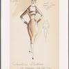 Dress with barrel-shaped skirt front, dolman sleeves, square neckline with modified shawl collar set off with decorative buckles
