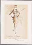 Dress with barrel-shaped skirt front, dolman sleeves, square neckline with modified shawl collar set off with decorative buckles