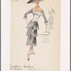 Drop-waist crepe dress with Florentine front neckline and deep V-back; pleats set in Dolman sleeves with bows on cuffs and hip; tiered accordion-pleated skirt