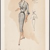 Belted sheath dress with knitwear shawl collar and cuffs and contrast trim details around collar and cuffs