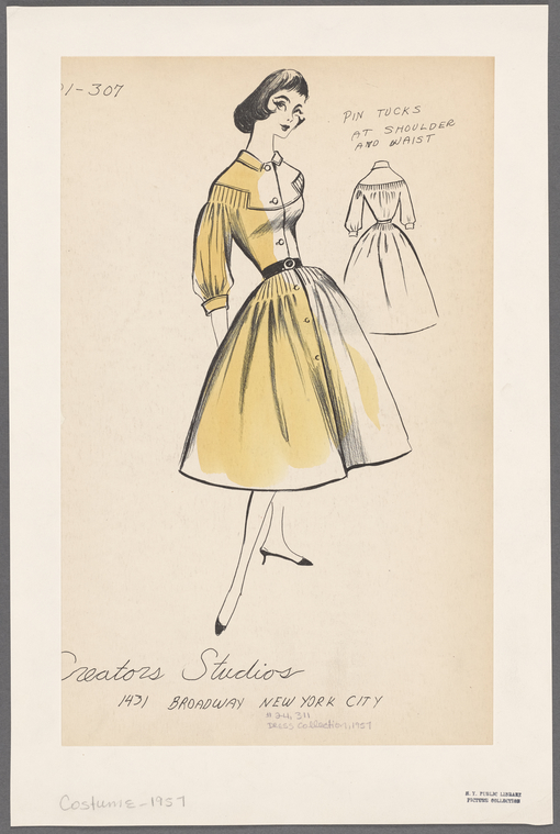 Shirtwaist dress with convertible collar, balloon sleeves and pintucks ...