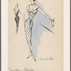 Sleeveless sheath print dress with notched shawl crossing on bodice and forming deep V at back; belt and soft front hip pleats