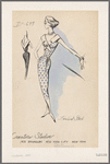 Sleeveless sheath print dress with notched shawl crossing on bodice and forming deep V at back; belt and soft front hip pleats