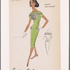 Sheath dress with portrait collar and hip pockets; Princess seams and layered bands of contrast trim on bodice; matching trim on collar and pocket openings