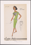 Sheath dress with portrait collar and hip pockets; Princess seams and layered bands of contrast trim on bodice; matching trim on collar and pocket openings