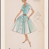 Shirtwaist dress with full skirt and contrast waistband; flap-shaped details on skirt and bodice