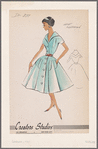 Shirtwaist dress with full skirt and contrast waistband; flap-shaped details on skirt and bodice