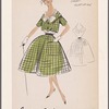 3-piece ensemble: checked bouffant skirt with large pocket, sleeveless shawl-neckline blouse with bow, and shawl-collar bolero jacket with decorative buttons and placket