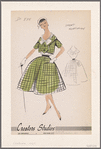 3-piece ensemble: checked bouffant skirt with large pocket, sleeveless shawl-neckline blouse with bow, and shawl-collar bolero jacket with decorative buttons and placket