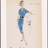 Sleeveless V-neck print sheath dress with contrast waistband and neckline and asymmetric closing bolero jacket