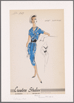 Sleeveless V-neck print sheath dress with contrast waistband and neckline and asymmetric closing bolero jacket