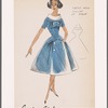 Short-sleeved bouffant dress with piqué turtleneck collar; bodice button and bow decorations repeated on fabric panel at skirt front