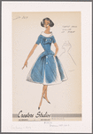 Short-sleeved bouffant dress with piqué turtleneck collar; bodice button and bow decorations repeated on fabric panel at skirt front