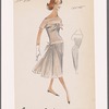 Short-sleeved crepe dress with bateau neckline, tucked bodice and banded drop waist; accordion pleats on skirt and bow details at front and back