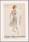 Short-sleeved crepe dress with bateau neckline, tucked bodice and banded drop waist; accordion pleats on skirt and bow details at front and back