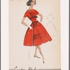 Short-sleeved bouffant dress with bateau neckline, horizontal tucks at front and overskirt; midriff bow decorations