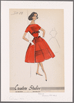 Short-sleeved bouffant dress with bateau neckline, horizontal tucks at front and overskirt; midriff bow decorations