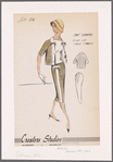 Sports separates of plain or checked fabrics: elbow-length box jacket with bow decorations, contrast placket and button closure; skirt matching jacket; plain pullover blouse