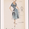 Crepe shirtwaist dress with notched cape collar tied over bodice; belt and front button closures; inverted pleat at back