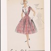 Contrast trim on plaid dress; wide stand-up collar; bow decoration and button closure on bodice