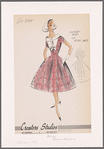 Contrast trim on plaid dress; wide stand-up collar; bow decoration and button closure on bodice