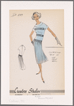 Contrasting trim on one-piece dress; dropped waist and accordion-pleated skirt; roll cuffs on short sleeves; back zip closure