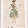 Petal-shaped off-the-shoulder neckline dress with contrast ribbon trim; full skirt gathered at hips; V neckline at back