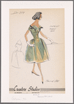 Petal-shaped off-the-shoulder neckline dress with contrast ribbon trim; full skirt gathered at hips; V neckline at back