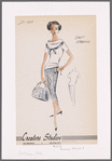Tweed straight skirt with buttoned and pointed pocket flap, paired with cowl-neckline overblouse trimmed with matching buttoned and pointed tweed bow