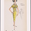 Sport separates with jacket: straight skirt with side button closure and hip pocket; surplice blouse with separately-pieced midriff waistband and bias-cut bodice wrap gathered at asymmetric seam; button-front jacket with convertible collar and flap pockets