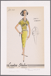 Sport separates with jacket: straight skirt with side button closure and hip pocket; surplice blouse with separately-pieced midriff waistband and bias-cut bodice wrap gathered at asymmetric seam; button-front jacket with convertible collar and flap pockets