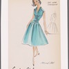 Two-piece V-neck dress with side-wrapped, shirred overblouse and full skirt