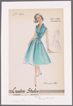 Two-piece V-neck dress with side-wrapped, shirred overblouse and full skirt