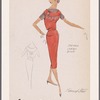 Jumper-style dress with belt, hip flap pockets and shirring beneath yoke; paired with striped Jersey blouse
