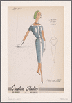 Banded neckline shirtwaist dress of striped cotton Jersey
