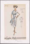 Herringbone tweed short-sleeved dress with jewel neckline and decorative arrowhead button tabs on front; pleats at bodice-skirt seam for fullness; matching sleeveless jacket