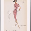 Check sheath dress with contrast belt, boat neckline and inverted midriff plastron giving two-piece effect