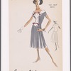 Two-piece dress with box-pleated skirt and plastron on top; contrast ribbon work