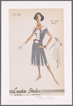 Two-piece dress with box-pleated skirt and plastron on top; contrast ribbon work