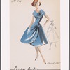 Surplice wrap dress with tie and button closures, full skirt and rounded skirt opening