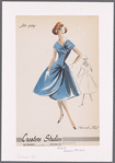 Surplice wrap dress with tie and button closures, full skirt and rounded skirt opening