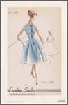 Shirtwaist dress with boat neckline, full skirt and contrast ribbon placket